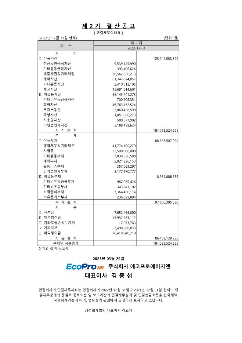 [공지] 에코프로에이치엔  제2기 결산공고